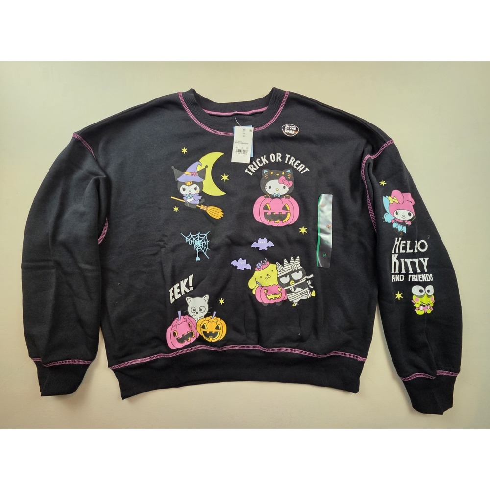 Sanrio Hello Kitty Halloween Glow in the Dark Sweatshirt Black Pink Medium NEW